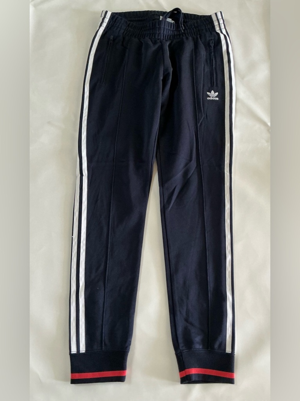 adidas Navy blue Joggers with White Side Stripes and Red Cuff Detail